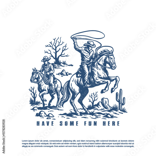 Vintage retro hand drawn two cowboy in western desert vector illustration