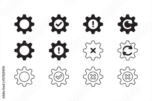 Flat gear icon bundle for web UI – minimalist cogs with status indicators and settings actions