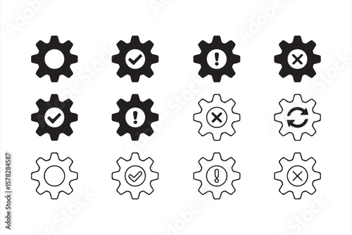 Solid black gear icons with check, error, alert, refresh symbols – vector UI settings icons set