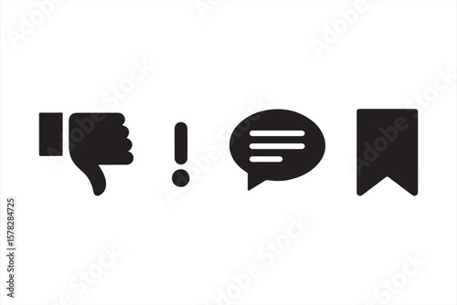Four Black UI Icons: Thumbs Down, Exclamation Mark, Speech Bubble, and Bookmark