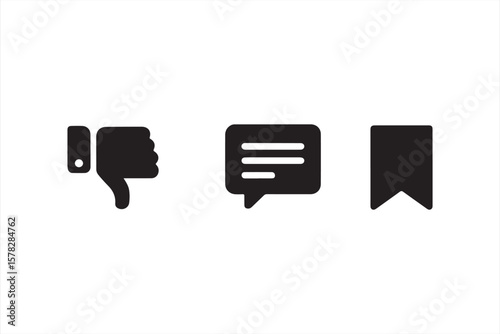 Minimalist Black Thumbs Down, Chat, and Bookmark Icons on White Background