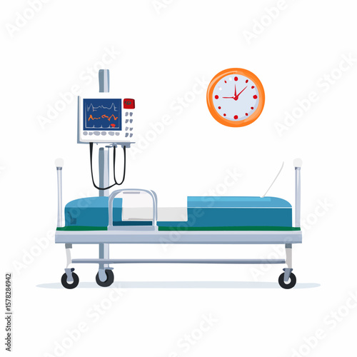 Medical Bedside Scene with Monitor and Wall Clock Depiction.