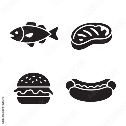 Collection of food icons fish steak burger hot dog silhouette isolated on white background