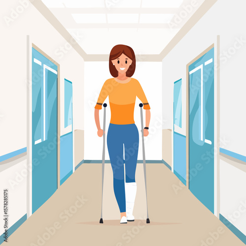 Smiling Woman with Cast and Crutches Walking Down Hospital Corridor