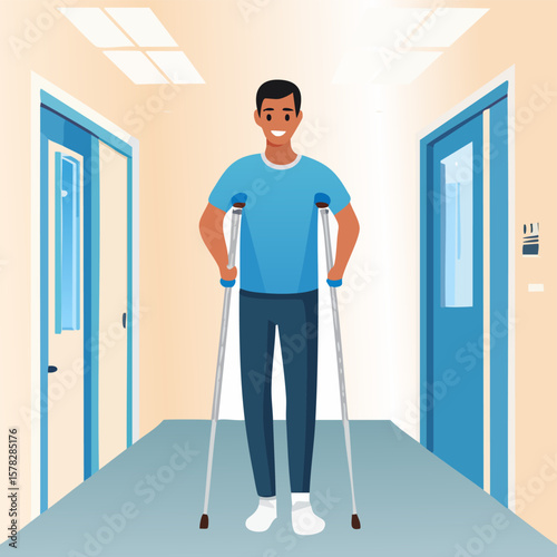 Smiling Patient Walking with Crutches in Hospital Corridor, Recovery Concept
