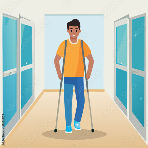 Smiling Man Using Crutches Walking Through a Bright Hallway.