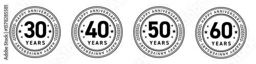 30周年・40周年・50周年・60周年のフラットなアニバーサリーメダルロゴセット（周年記念 ロゴマーク ベクター）

