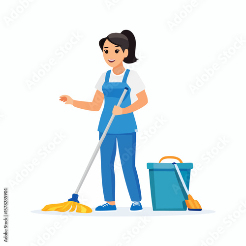 Cheerful Cleaning Lady with Mop and Bucket in Bright Blue Uniform
