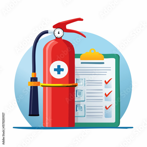 Red Fire Extinguisher and Checklist Representing Safety and Preparedness.