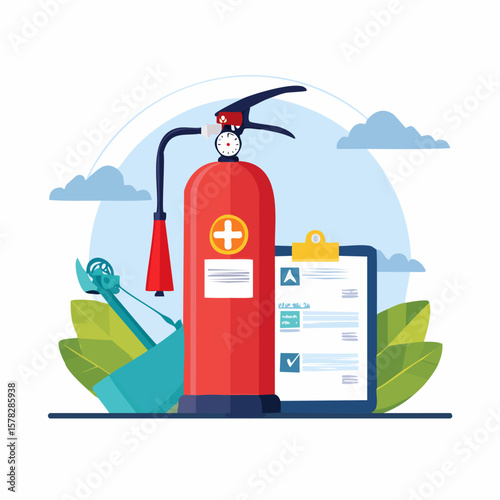 Fire Extinguisher and Checklist Depicting Safety and Emergency Preparedness.