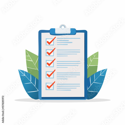 Completed Checklist with Red Checkmarks and Decorative Blue and Green Leaves