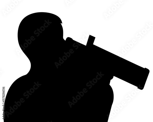 Silhouette of person aiming a Bazooka or Rocket Launcher on white background