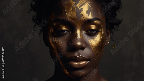 Elegant Portrait of Woman with Metallic Gold Brushstroke Makeup on Dark Artistic Background