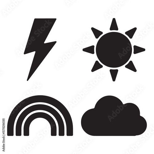 Collection of weather icons including lightning cloud sun and rainbow silhouette isolated on white background