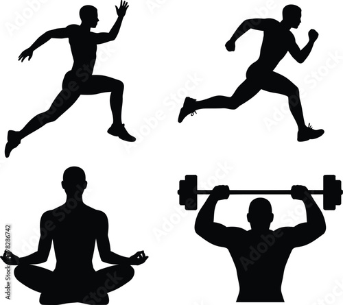 Four silhouettes of men in various athletic and meditative poses silhouette