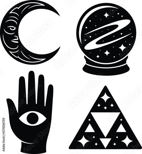 Mystical symbols including crescent moon crystal ball hamsa hand and fractal triangle silhouette