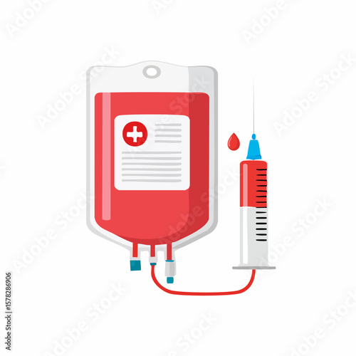 Medical Illustration of Blood Transfusion Bag and Syringe with Red Fluid