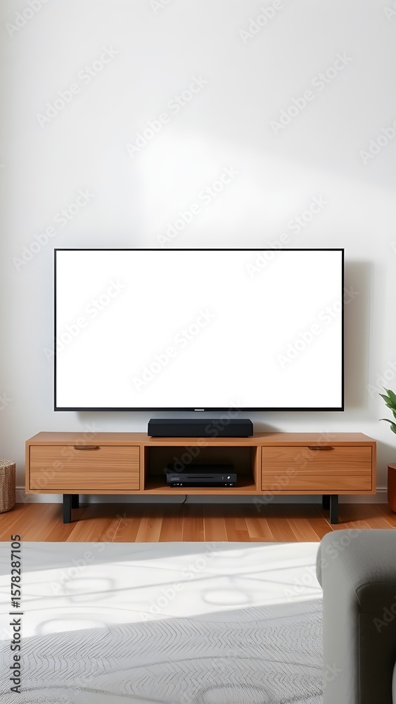 Fototapeta premium Television with large blank screen on stand. A television with a large blank screen placed on a stand in a clean and simple interior space for daily use.