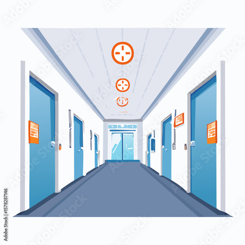 Cartoon Illustration of a Hospital Corridor with Blue Doors and Orange Accents.