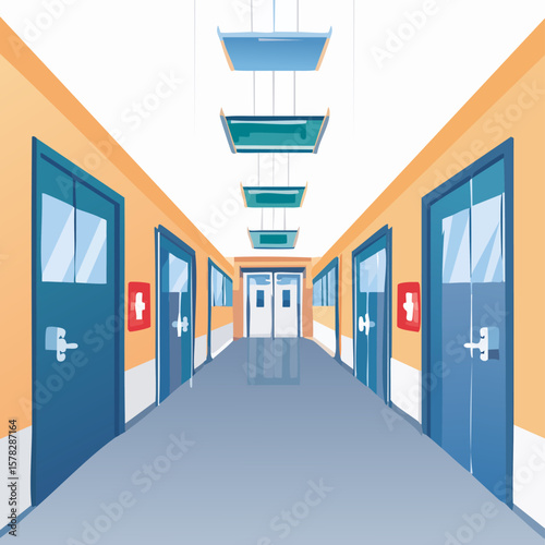 Cartoon Perspective of a Hospital Corridor with Doors and Lighting.