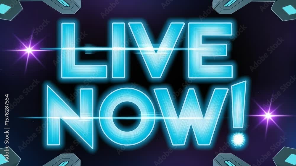 Animated live stream announcement with glowing text effect and futuristic spaceship elements for online broadcasts