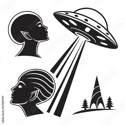 Alien heads ufo abduction beam trees extraterrestrial