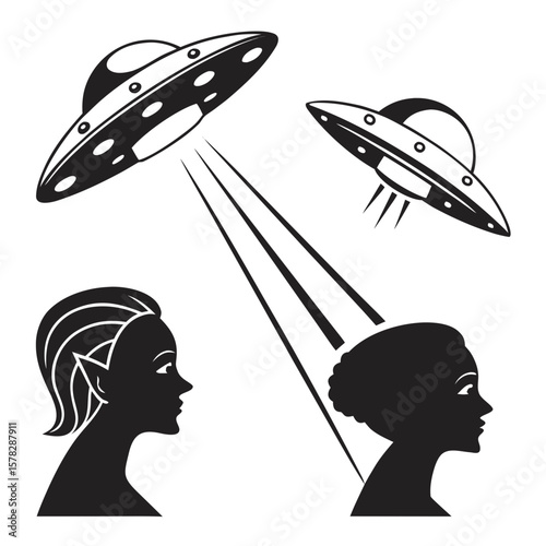 Alien abduction scene with flying saucers and humanoids vector