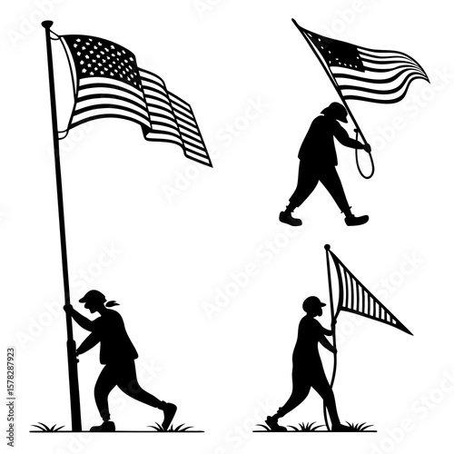 American flag silhouettes people raising waving flags vector