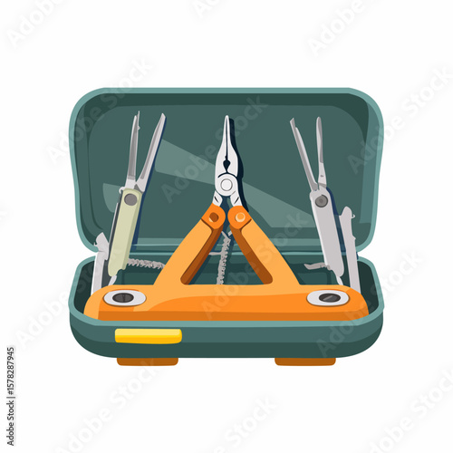 Open Case Displaying Various Multi-Tool Components in Orange and Green