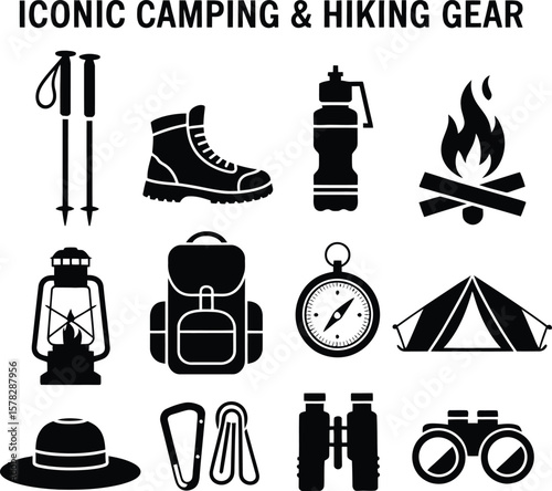 Collection of iconic camping and hiking gear icons in silhouette