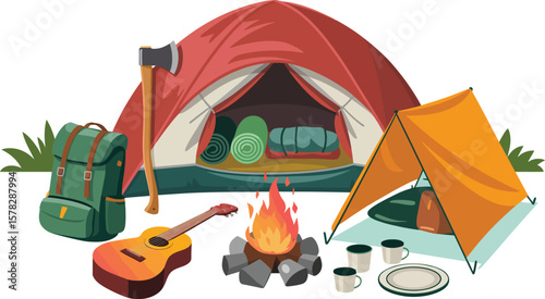 Cozy camping scene with tents guitar campfire and backpack