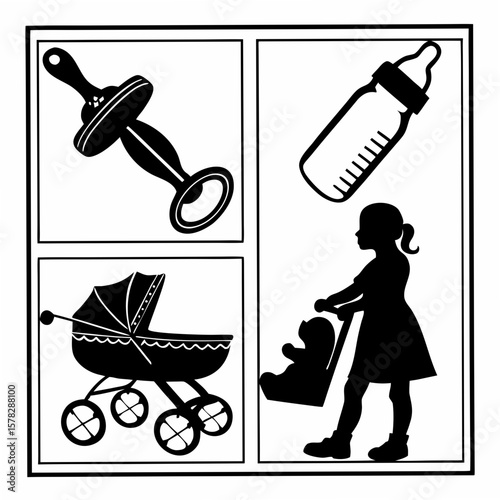 Baby items and child with toy toddler pacifier