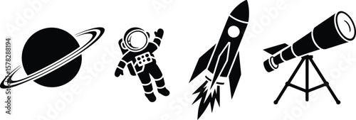 Astronaut rocket planet and telescope icons in simple silhouette style