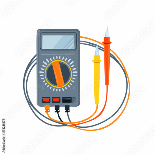 Detailed Digital Multimeter with Probes, Wires, and Rotary Dial.