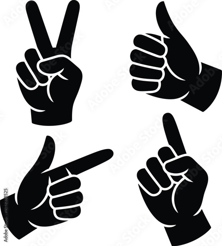 Collection of four black hand gestures silhouette icons for communication