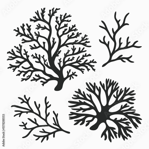 Black coral reef and underwater plant silhouettes vector