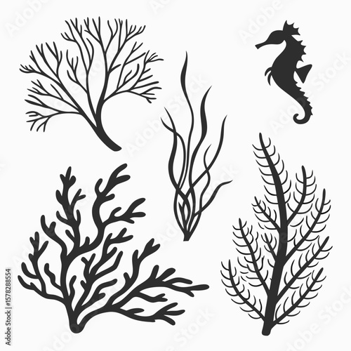 Black coral reef and seahorse silhouettes underwater ocean