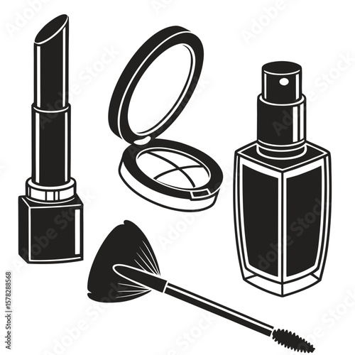 Black cosmetic silhouettes lipstick compact powder mascara perfume bottle