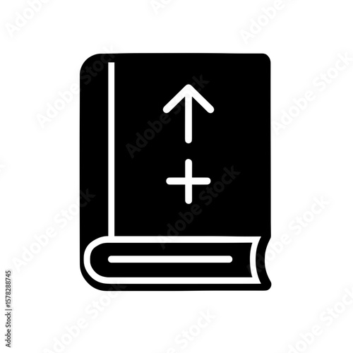 Book with arrow and plus sign symbolizing self-development, filled icon