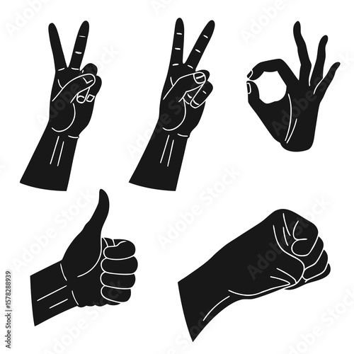Black hand gestures showing peace victory ok thumbs up and fist peace sign victory sign