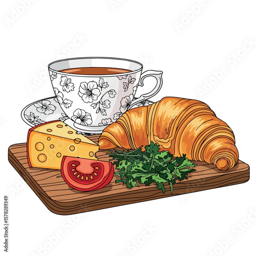 illustration, food, croissant, cup, breakfast, tea, cheese, icon, cafe, coffee, meal, restaurant, vector, drink, lunch, design, set, bread, chocolate, bakery, healthy, menu, juice, sandwich, delicious