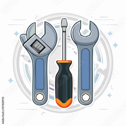 Cartoon Illustration of Tools: Wrench, Screwdriver, and Wrench.