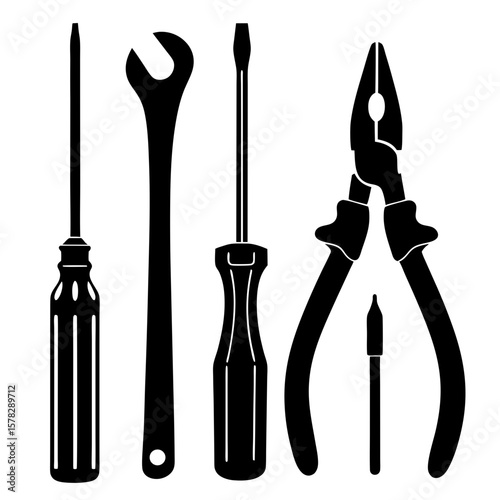 Black silhouette of assorted hand tools on white repair screwdriver