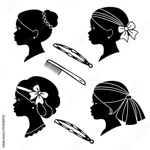Black silhouette profiles of women with hair accessories and styling tools hair clips