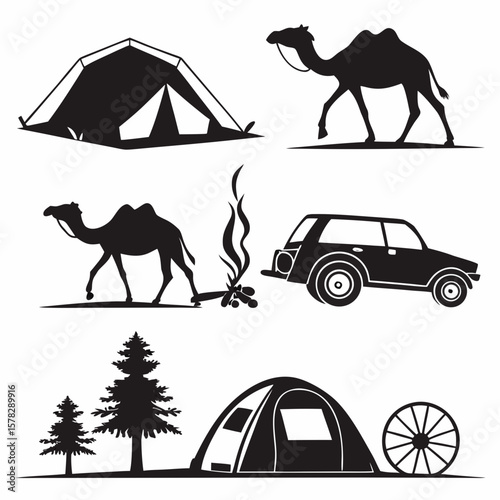 Black silhouettes of desert travel scenes with camels tents and vehicles caravan