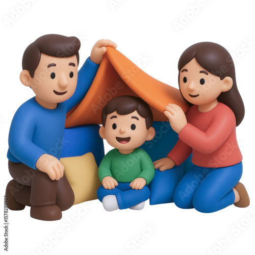 Family Bonding at Home with Child Playing Under Blanket Fort in Cozy Living Room Setting