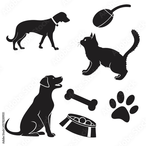Black silhouettes of dogs cats bone paw print and food bowl vector