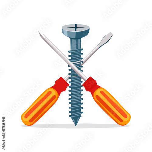 Cross-Shaped Arrangement of Screwdrivers and a Large Metal Screw.