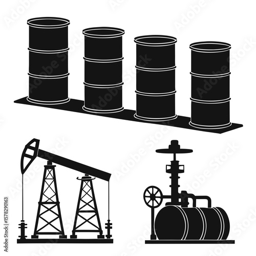 Black silhouettes of oil extraction and storage equipment barrels pipeline