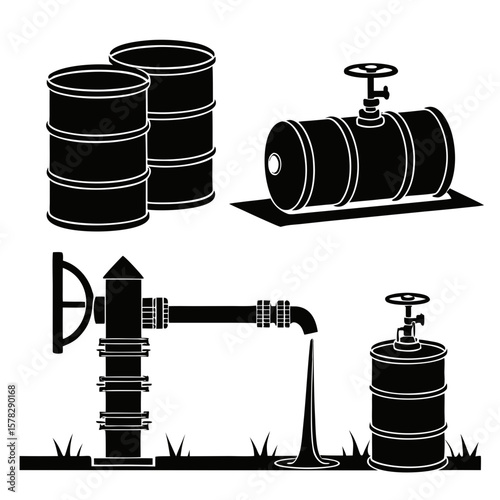 Black silhouettes of oil barrels and pipelines with flowing liquid valve